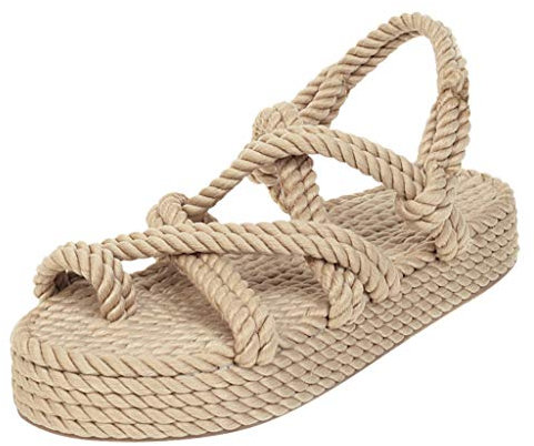 Sandalen Schuhe Frauen Böhmische Flache Leinen Seil Plattform Weibliche Open Toe Slip-On Schuhe (39,1beige)