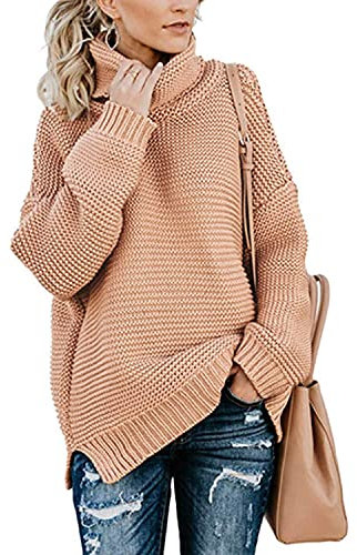 Imuedaen Pullover Damen Elegant Rollkragenpullover Langarm Strickpullover Lässiges Stricken Pulli Winter Sweatshirt Oberteile (A Rosa, XL)