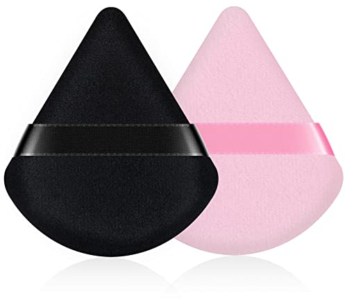 2PCS Powder Puff Face Triangle, DUAIU Velvet Powder Puffs for Pressed Powder Reusable Makeup Puff Puffy Makeup Sponge with Strap for Loose Powder Body Foundation Wet Dry Dual-Use Tool