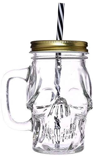 Caribou Living Glasbecher mit Totenkopf-Motiv, transparent, 400 ml, mit Griffdeckel und Strohhalm