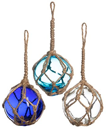 Japanese Glass Fishing Floats Ball - 3 Aqua Cobalt and White (3 Pack) - Glasses Nautical Ornaments - Coastal Wall Decor