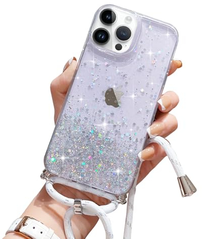 Wirvyuer Handyband Hülle für iPhone 15 Pro Handyhülle mit Kordel Glitzer Schutzhülle mit Band zum Umhängen Halskette Silikon Case mit Schnur für iPhone 15 Pro Transparent