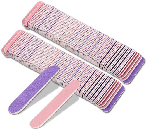 Tomtary 100Pcs Emery Board for Nails - Disposable Double Sided Mini File 180/240 Grit Professional Care Buffering Files for Manicure, Studio, Salon (Light Pink and Purple)