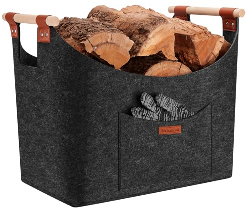 Cestino XXL per legna da ardere, in feltro extra spesso 5 mm, con manico rinforzato, pieghevole, in feltro, per la spesa, legno, giornali o legna da ardere (grigio scuro) (grigio scuro)