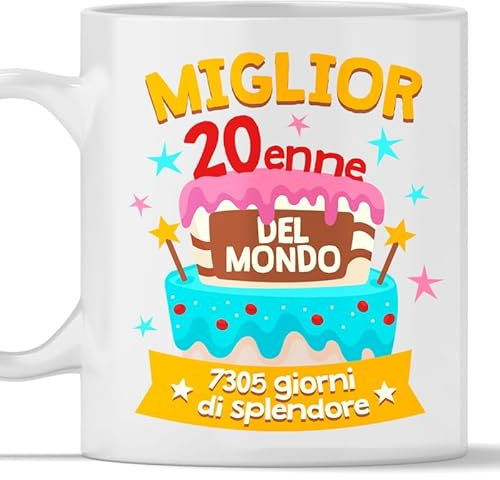 TeeDesign Tazza Divertente e Colorata 20 anni. Idea Regalo per lui e lei, ragazzo ragazza - Gadget simpatico per Compleanno di amico, amica, sorella, collega. Idea Regalo di Natale - 20 anni