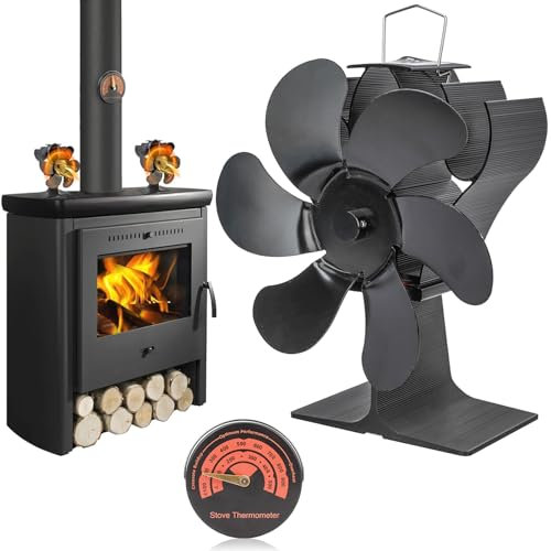blodfune Wood Stove Fan Heat Powered Fireplace Fan, 6 Blades Wood Burning Stove Fan Eco Fan Non Electric, Heat Activated Thermal Fan 25db for Gas Pellet Stove Magnetic Thermometer Accessories (1)