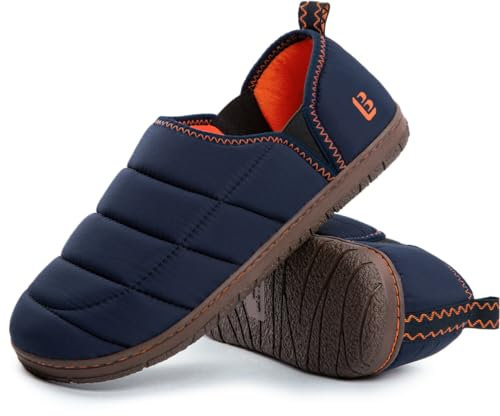 LongBay Men's Memory Foam Slippers with Warm Coral-Fleece Lining Non-Slip Indoor Outdoor House Shoes Navy Blue, 9