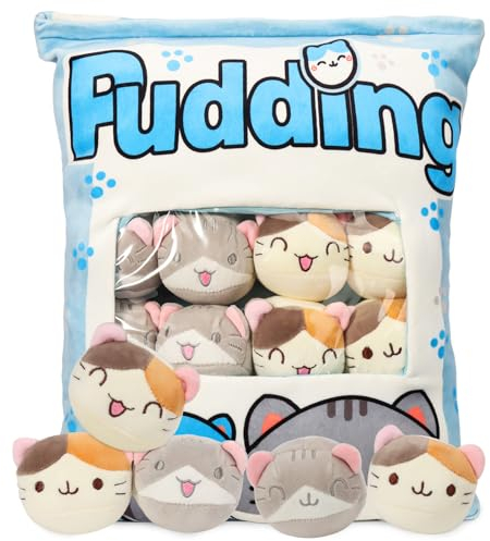 GDGZT Katze Plüsch Kissen, Katze plüschtier, Abnehmbare Pudding Katze Kissen mit Kitty Puppen Geburtstag, Weihnachten Kreative Katze stofftier Geschenk für Mädchen Jungen Kinder(8 Blaue Kätzchen)