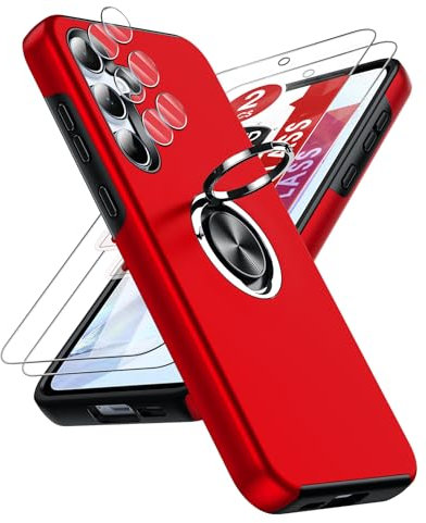 LeYi Funda para Samsung Galaxy A55/A 55 5G con 2× Protector de Lente de Cámara,2× Cristal Templado, Carcasa con 360 Grados Metálico Anillo Hard PC Silicona Antigolpes Case, Rojo