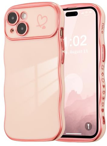 ZTOFERA Compatible with iPhone 14 Case for Girls Women, Cute Curly Wave Frame Shape Soft Silicone Case with Love Heart Pattern Camera Protection Plating Edging Shockproof Cover, Pink