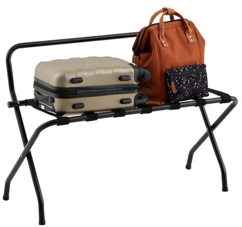 IDIMEX Porte-Valise Valise en métal Noir, Support-Bagages Accessoire de Chambre hôtel pour Sac de Voyage et Valise, Support Valise Pliable avec 7 Sangles de Maintien