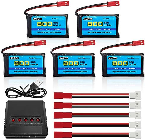 AMZZN 5PCS 3.7V 800mAh 30C JST Plug Lipo Battery with 5-in-1 Charger for SYMA X56W MJX X400W X300C X800 HS110 HS200 S670 V950hd S1750 V2450 RC Four Axis Aircraft Battery