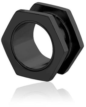 BlackAmazement 316L Edelstahl Flesh Ohr Tunnel Plug Piercing Hexagon Schraubenmutter Schrauber schwarz silber Biker Herren (Farbe Schwarz- Ø 10mm - 1 Stück)