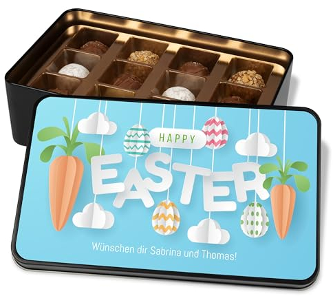 Schoko Ostergeschenk: Pralinendose mit 12 Confiserie-Pralinen personalisiert „Happy Easter“ – Karotten-Wolken-Motiv – Ostergrüße Geschenk zu Ostern – Metalldose