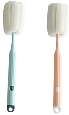 Healeved Lot de 2 Brosses à Bouteille Éponge, Manche Long, en Mousse Douce, Nettoyage pour Gourdes, Biberons et Tasses, Couleurs Bleu Clair et Rose, Accessoire Cuisine Polyvalent