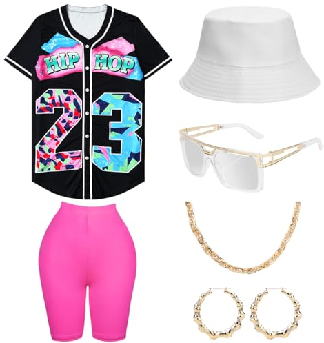 80er 90er Jahre Outfit für Damen, Unisex, Hip-Hop-Kostüm, Baseball-Trikot, Shirt, Yogahose, Fischerhut, Goldkette, Rapper-Zubehör, Schwarz-Rosa (weißer Hut), S