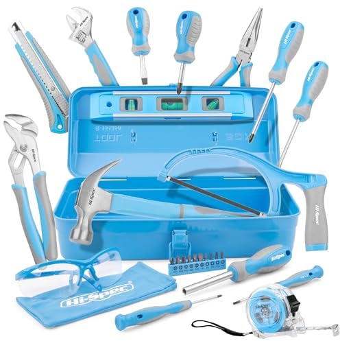 Hi-Spec Kit d’Outils Débutant 33 Pièces avec Boîte Métallique Bleue - Marteau, Tournevis, Scie, Lunettes - Bricolage pour Jeunes et Étudiants
