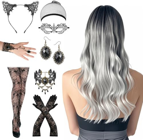Lvefyti 11 Stück Perücke Halloween Damen, Cosplay Kostüm Set mit Ombre Silber Grau Lang Lockig Perücke Halskette Ohrring Handschuhe für Cosplay Mottoparty