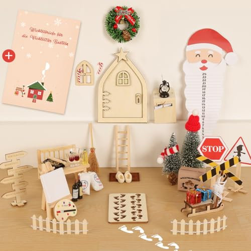 WILDPARTY 64Pcs Wichteltür Zubehör mit Briefen Weihnachten, Miniatur Feentür Leuchtend Komplettset, Wichtel Baustelle Staffelei Backen Adventskalender, Elfentür, Wichtelhaus Bastelset DIY