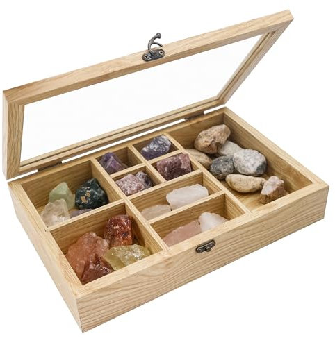 GMFrames Fels Vitrine Organisieren Sie Ihre Edelsteine in 9 Rastern,Kristallhalter für Steine-Display,Aufbewahrungsbox Crystal Organizer Natürlich