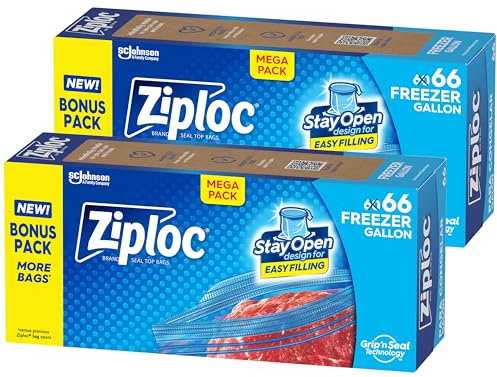 Ziploc Gallon Food Storage Freezer Bags, Stay Open Design, Easy to Fill, 66 count, 2 Pack, 132 Total