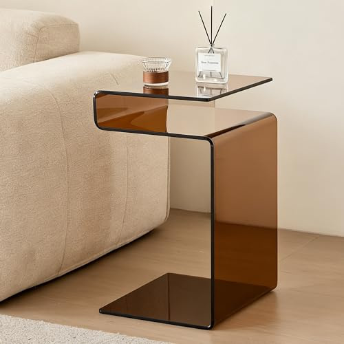 FENGHUA GLASS HOME Glas-Nachttisch, Beistelltisch, S-förmiger Beistelltisch für Wohnzimmer, Nachttisch für Schlafzimmer, 42 x 37 x 61 cm (Braun)