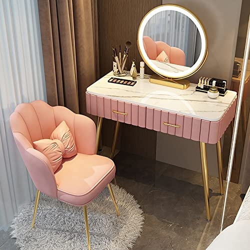 Ensemble de coiffeuse avec miroir éclairé et tabouret rembourré et chaise de rangement rose de 80 cm pour chambre à coucher, coiffeuse de maquillage en bois massif pour femme