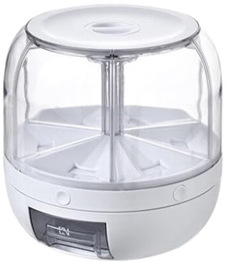 Contenedores de alimentos Dispensador de arroz de vidrio, dispensador de almacenamiento de granos, rotación de 360° y contenedor de grano con salida de un clic con 6 compartimentos, organizador de