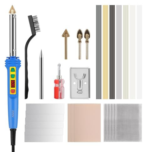 150W Plastic Welding Kit, 2-in-1 Plastic Welder & Soldering Iron Gun 2-Speed Adjustable with 5 Soldering Tips, 56 Plastic Rods, Steel Mesh, Metal Brush for Car Bumper Surface Repair, Blue