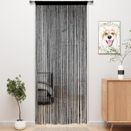 AHEJIOO Lot de 2 rideaux à fils, noirs, 100 x 200 cm, pour porte, séparateur de pièce, protection contre les mouches ou décoration, peut être raccourci et lavable
