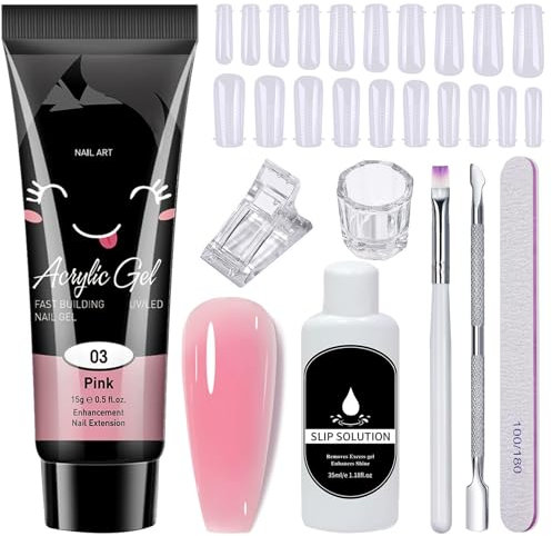Pink Nail Extension Set - 8Pcs Poly Gel Nail Kit - 15ml Strengthener Thickening Extension Nails Gel with Builder Nail Tool Kit Suitable For Beginners to DIY