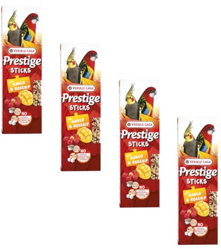 Versele-Laga Prestige Sticks Großsittiche mit Mango & Hagebutte | 4er Pack | 4 x 140 g | Snack für große Sittiche | Ohne Zuckerzusatz und synthetische Konservierungsmittel