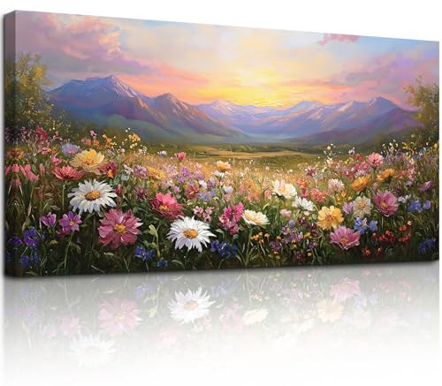 MHARTK66 Bunte Blumen Leinwand Bilder, 50x100 cm Groß Wandbilder Wohnzimmer Landschaft Bild Aesthetic, Modern Wanddeko Kunstdruck Schlafzimmer Esszimmer Flur Büro Küche Badezimmer