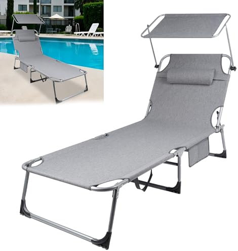 YRHome Sonnenliege mit Dach Gartenliege Outdoor Liegestuhl mit Kopfkissen Strandliege klappbar verstellbare Rückenlehne Sonnenschutz bis 100KG für Strand Camping Balkon Terrasse - Flachsgrau