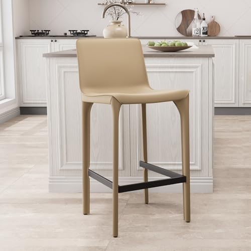 YOUNUOKE Echtleder Barhocker, Keine Installation, Tresenhocker, Bistrohocker mit Lehne, Bistrostuhl mit Fußstütze, Medieval Minimalism, 66 cm Hoch, Barstuhl für Küche, Wohnzimmer, Esszimmer, Khaki