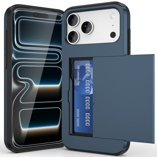 ACOCOBUY for iPhone 17 Pro Max Case with Card Holder Sliding Cover 6.7 Navy | Hidden Pocket IDs Credit Cards Slot Heavy Duty Shockproof Protective Dual Layer Wallet Phone Cover Back Shell for Men Women