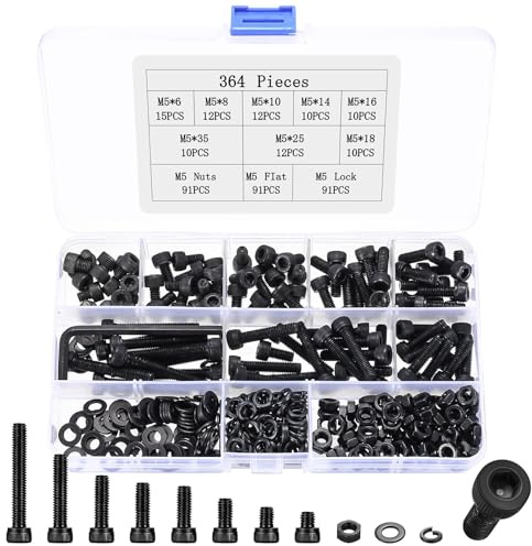 364 Pcs M5 Bolts and Nuts Set, Cylinder Hex Socket Head Cap Screws Set, Black Assorted Machine Screws Nuts and Bolts Sets with Lock & Flat Washers Assortment Kit