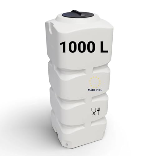 KMND Wassertank 1000 Liter - Trinkwassertank Lebensmittelecht - Vertikal Quadratisch PE Robust - Regentonne Regenwasser 1 Kubikmeter - Hauswasserwerk Garten frostsicher - Made in EU - Weiss
