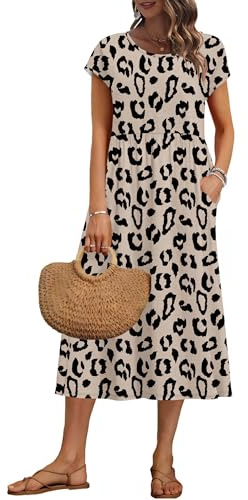 AUSELILY Women's Summer Short Sleeve Midi Dresses Loose Dress with Pockets | Cap Sleeves, A-line, Empire Wasit, Shift Long Dress