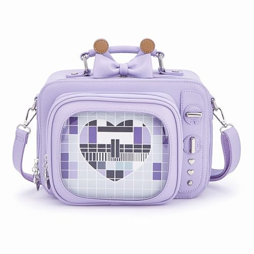 Damen Umhängetasche mit transparentem Fenster in TV-Form, violett, M, Niedlicher Retro-Stil