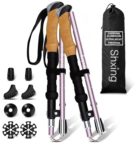 Shxing Faltbare Wanderstöcke 2er Set, Carbon 3K & Aluminium 7050, Verstellbar 110-135 cm, Korkgriff mit Eva-Verlängerung, 35 cm Faltmaß, für Wandern, Reisen und Nordic Walking, Rosa