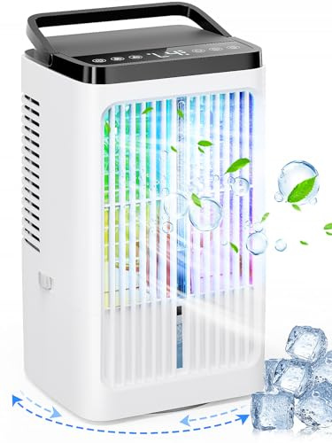 Condizionatore Portatile Silenzioso 5 in 1, 1200ML Raffrescatore d'aria con 4 Velocità, 2 Modalità, Ventilatore USB, Timer 0-8 Ore e Oscillazione a 90° pour casa Ufficio, Bianco sporco