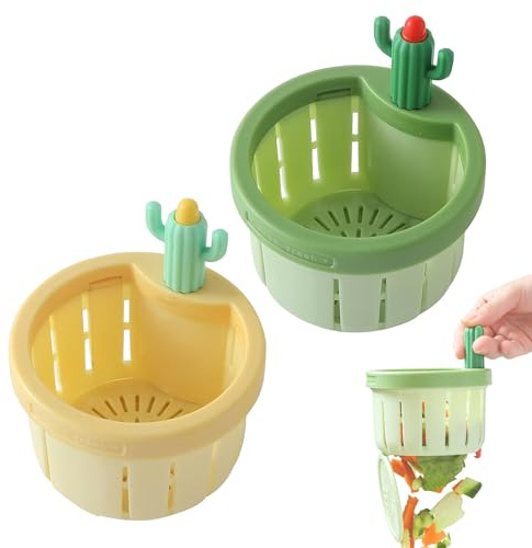 Cactus Sink Strainer Basket – Automatic Push-Press Kitchen Drain Filter, Self-Cleaning, Mess-Free, Whimsical Green & Yellow Design (Green+Yellow)