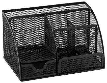 OSCO Black Wiremesh Desk Organiser with Drawer | Desk Tidy | Pen Holder | Makeup Container | Pencil Storage | 6 Compartments | Stationery Caddy | H13 x W22 x D14 cm |
