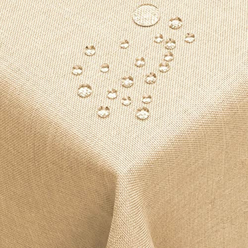 Leinen Optik Tischdecke Tischtuch Tafeldecke Leinendecke Abwaschbar Wasserabweisend Eckig 130 x 340 cm Champagner Fleckschutz Pflegeleicht mit Saumrand Leinentuch