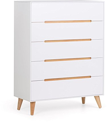 Julian Bowen Alicia Chest of Drawers, 5 Drawer, White - H118 x W90 x D40cm | Scandi Drawer Storage Organiser, 5 Drawers, Dresser for Bedroom, Living Room & Hallway