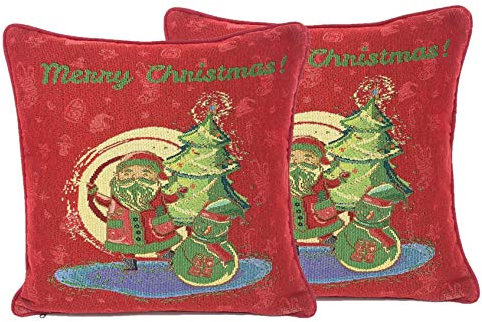 DaDa Bedding Festliche Kissenbezüge – Set mit 2 Stück Weihnachtsmann Rot Gobelin – festliche Weihnachten Urlaub gewebte Kissenbezüge – 40,6 x 40,6 cm – 2 Stück