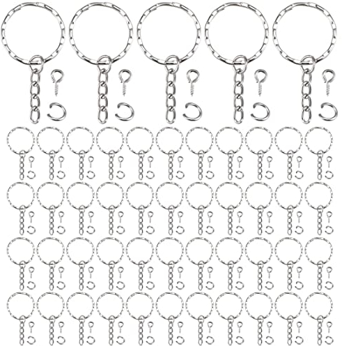 LEEQ 50 pièces Porte-clés Anneaux Split Porte-clés avec chaîne à maillons, 50 pièces Anneaux Ouverts et 50 pièces tiges à vis pour travaux manuels, 25 mm de diamètre