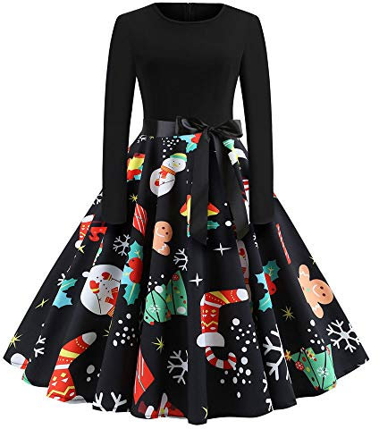 Femme Robe SoiréE Vintage 1950'S Audrey Hepburn Noel Imprimé Manches Longues avec Ceinture, VêTements Deguisement Robe Halloween Noel Femme Longue Swing Robe De Cocktail (XL(EU38), CC-Noir)