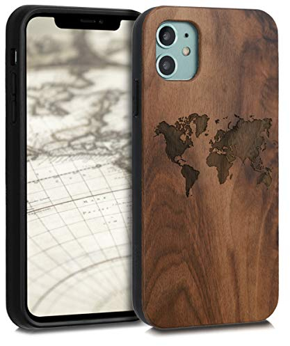 kwmobile Hülle kompatibel mit Apple iPhone 11 Hülle - Holz Case - Handy Cover - TPU Handyhülle in Dunkelbraun Travel Umriss